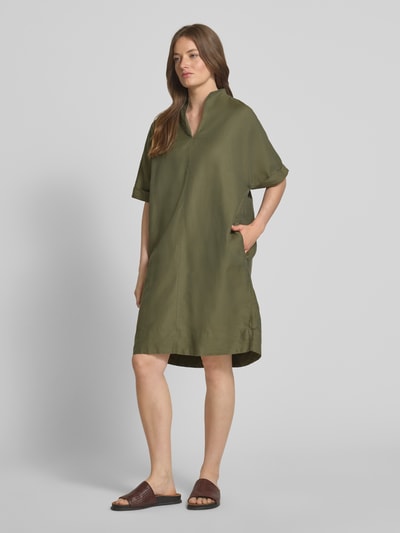 ETERNA Sukienka o długości do kolan z mieszanki bawełny i lnu ze spiczastym dekoltem ze stójką Khaki 1