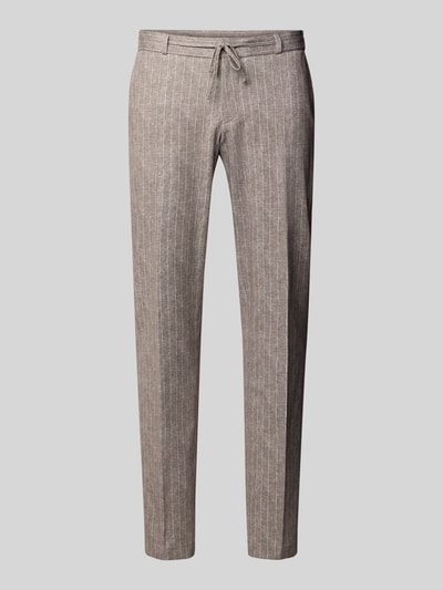 Produktfoto, Hose mit Bügelfalten und Schnürung Modell 'SpartaFlex' von Zuitable in Beige mit feiner Streifenstruktur, schmaler Schnitt, Material-Mix mit Baumwoll-Anteil, Bundweite 45 cm, Innenbeinlänge 84 cm