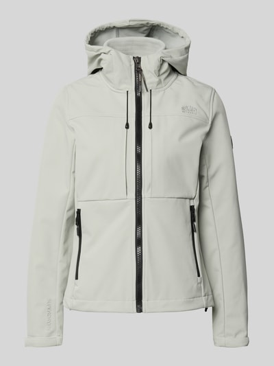 Produktfoto, Trekker Jacke mit Kapuze und Label-Patch von Superdry in hellem Beige, Material-Mix mit Stretch, glatte Textur, sichtbare Reißverschlüsse, dezente Logo-Stickereien, verstellbare Ärmelriegel, gerader Schnitt