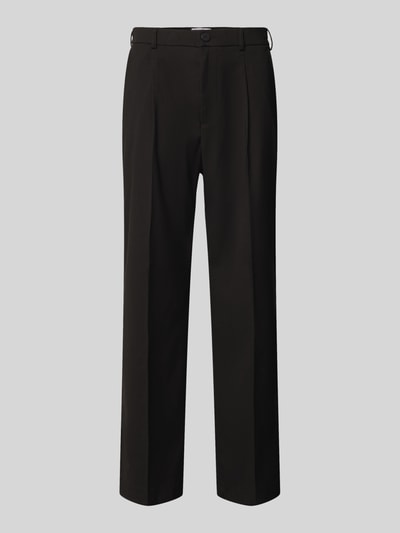 Produktfoto, schwarze Straight Fit Hose mit Viskose-Anteil von Jake*s, elastischer Stoff, Bundfalten, glatte Struktur, Studioaufnahme.