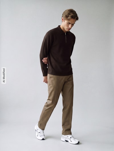 Selected Relaxed Fit Pullover aus reiner Viskose mit halblangem Zipper Dunkelbraun 1