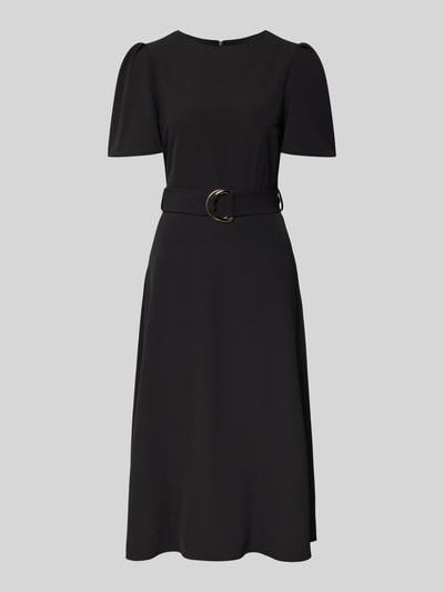 Produktfoto, schwarzes Cocktailkleid mit Gürtel und Rundhalsausschnitt von Rinascimento, taillierter Schnitt, Midikleid, Material-Mix