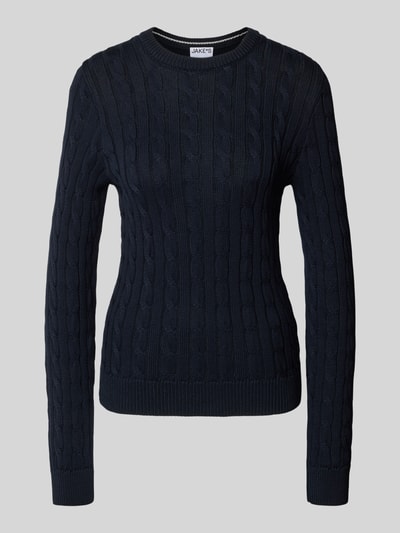 Produktfoto, Strickpullover mit Zopfmuster und Rundhalsausschnitt van Jake*s Casual in donkerblauw, rechte fit, fijn katoen, geribde hals en boorden, productcontext damespullover