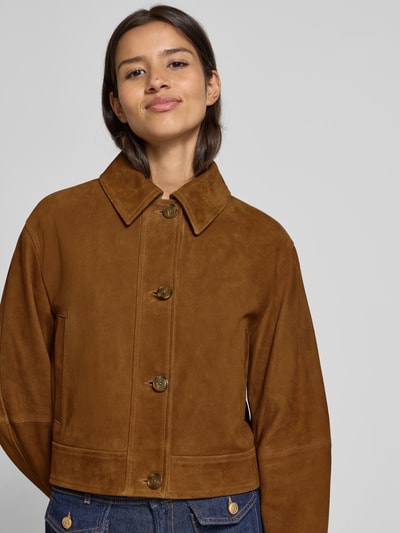 BOSS Orange Kurtka skórzana o kroju regular fit z wykładanym kołnierzem Jasnobrązowy 3