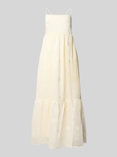 Produktfoto, Midikleid aus Lyocell-Mix Modell 'Cherish' von SUNCOO PARIS in Creme mit floralem Zierbesatz, schmale Spaghetti-Träger, strukturierte Oberfläche.