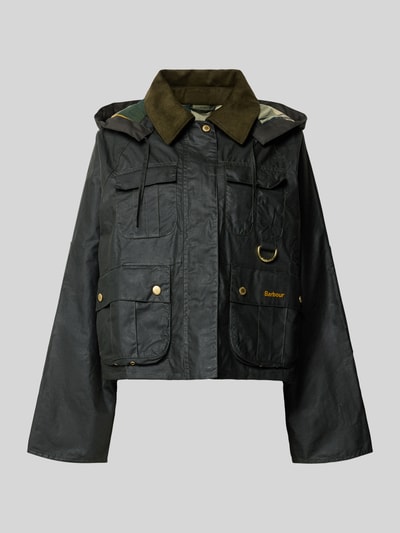Produktfoto, Regular Fit Funktionsjacke aus reiner Baumwolle Modell 'LIZA' von Barbour, jednolity kolor, metalowe akcenty, kieszenie, kaptur, stójka, zamek błyskawiczny z listwą na zatrzaski, długi rękaw, woskowana bawełna