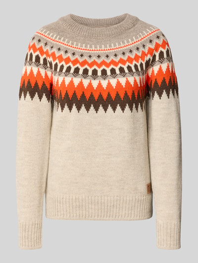 Produktfoto, Norwegerpullover aus Wolle Modell 'LOSNA' von Dale of Norway in Beige mit braunen und orangen Allover-Zickzackmustern, Rundhalsausschnitt, Regular Fit, feine Wolltextur