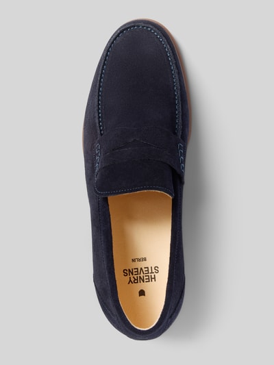 Produktfoto, Loafer aus echtem Leder Modell 'Elia' von Henry Stevens, blaues Strukturmuster, abgerundete Passform, sichtbare Nähte, Draufsicht, Absatzhöhe 2 cm, Schafthöhe 7 cm, Schaftweite 12 cm