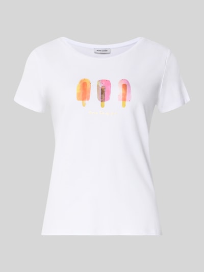 Produktfoto, T-Shirt mit Motiv-Print und Rundhalsausschnitt von More & More, Damen T-Shirt aus Baumwoll-Mix mit Modal-Anteil, Regular-Fit, weiß, Motiv-Print in Orange, Gelb und Rosa, glatte Textur, Rückenlänge bei Größe 36: 56 cm
