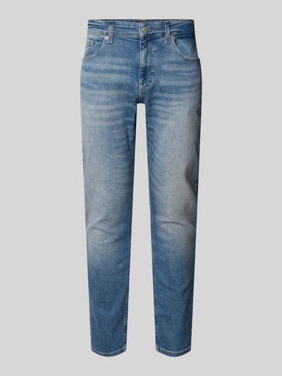 Produktfoto, Slim Fit Jeans aus Baumwoll-Mix Modell 'AUSTIN' von Tommy Jeans, niebieski denim, 5 kieszeni, detal naszywki, krój slim fit, twill