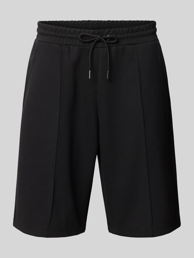 Produktfoto, Shorts mit elastischem Bund und Ziernähten von REVIEW in Schwarz, Loose-Fit, Material-Mix mit Stretch-Anteil, Kordelzug, seitliche Eingrifftaschen, angedeutete Gesäßleistentaschen, Bundweite 42 cm, Innenbeinlänge 26 cm, Größe M, glatte Textur