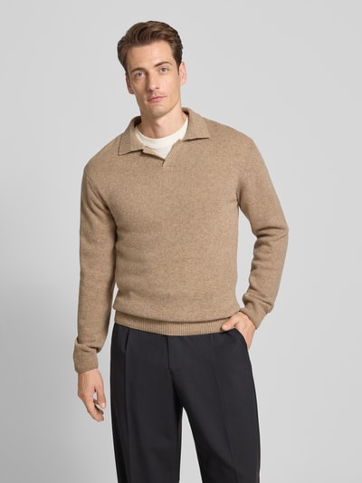 Casual Friday Sweter z dzianiny z mieszanki wełny z kołnierzykiem polo model ‘Karl’ Camel melanż 4