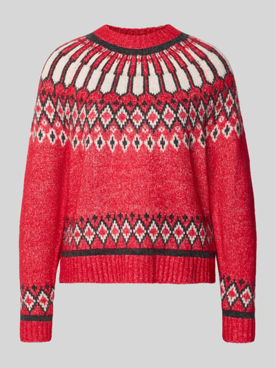 Produktfoto, Regular Fit Strickpullover mit Woll-Anteil von Christian Berg Woman in Rot mit weiß-grauem Fair-Isle-Muster, elastischer Material-Mix, gerippte Blende, Rippbündchen, langärmelig, Rückenlänge 57 cm, Ärmellänge 75 cm