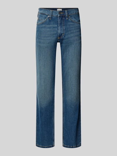 Produktfoto, Straight Fit Jeans aus elastischem Baumwoll-Mix Modell 'Tramper' von Mustang, niebieski, 5 kieszeni, szlufki na pasek, zapięcie na guzik i zamek błyskawiczny, szerokość w rozmiarze 32/32: 39 cm, długość wewnętrzna nogawki w rozmiarze 32/32: 81 cm