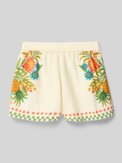 Produktfoto, Shorts im Allover-Look mit elastischem Bund von Garcia aus Viskose-Mix, cremefarbener Stoff mit buntem tropischem Muster, Regular Fit, elastischer Bund, Bundweite 31 cm bei Größe 140, strukturierte Oberfläche, grüne und rote Muster am Saum.