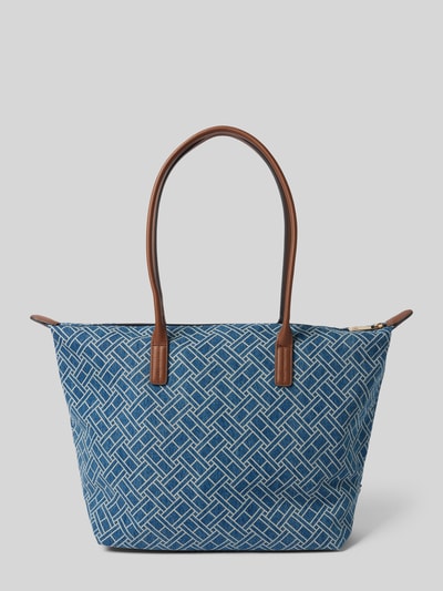 Produktfoto, Shopper aus reiner Baumwolle von Tommy Hilfiger in Denim-Optik mit Logo-Muster, Reißverschluss, Hauptfach, braune Tragehenkel, Logo-Applikation aus Metall
