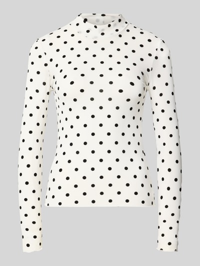 Produktfoto, weißes Slim Fit Langarmshirt mit schwarzem Allover-Punktmuster, glatte Textur, PIECES Slim Fit Langarmshirt mit Allover-Muster Modell 'JESHI'