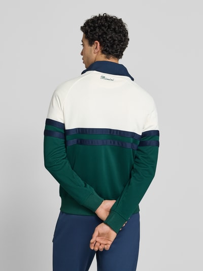 Männermodel trägt Sweatjacke aus Baumwoll-Mix Modell 'RIMINI' von Ellesse in Dunkelgrün, Dunkelblau und Weiß, gerade Passform, Stehkragen, Label-Details, elastische Abschlüsse, Rückenlänge 71 cm, Ärmellänge 43 cm, Ganzkörperansicht Rückansicht.