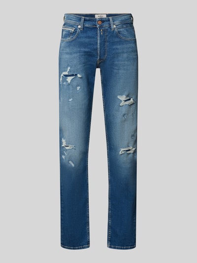 Produktfoto, Straight Fit Jeans im Destroyed-Look Modell 'Grover' von Replay, blauer Baumwoll-Mix mit Stretch-Anteil, strukturierte Oberfläche, Herren Jeans.