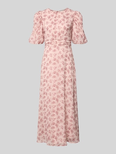 Produktfoto, Maxikleid aus Chiffon mit Puffärmeln Modell 'A-Linie' von Neo Noir w różowym kolorze z kwiatowym wzorem, fason A-linie, dekolt okrągły, długość tyłu w rozmiarze 36: 138 cm, szerokość w rozmiarze 36: 43 cm, długość rękawa w rozmiarze 36: 35 cm, model 'Kikka'