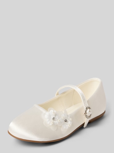 Produktfoto, Ballerina mit Dornschließe von DANAMADE, kinder, abgerundete Spitze, Zierbesatz, strukturierte Sohle, Absatzhöhe 1 cm, Schafthöhe 5 cm, Schaftweite 5 cm, cremeweiß, matt glänzende Oberfläche.