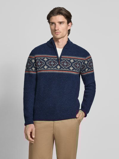 RAGMAN Sweter z mieszanki wełny z norweskim wzorem i kołnierzem zapinanym Granatowy 4