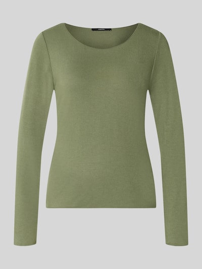 Produktfoto, Slim Fit Langarmshirt aus Viskose-Mix Modell 'Kirosa' von someday, olivgrüne Farbe, glatte Textur, Rundhalsausschnitt, elastische Abschlüsse, Rückenlänge bei Größe 36 beträgt 56 cm.