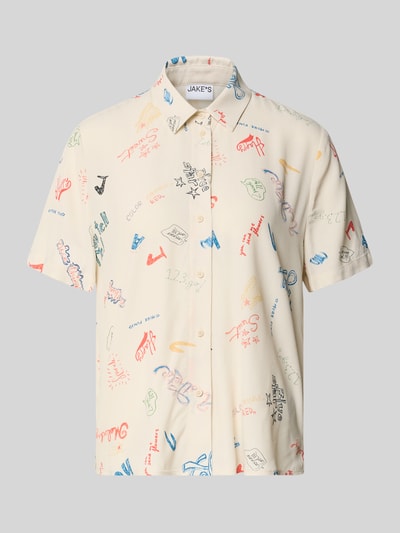 Produktfoto, Regular Fit Bluse aus Viskose im Allover-Look von Jake*s Casual, kremowa z kolorowym nadrukiem, krój regular fit, czysta wiskoza, kołnierzyk koszulowy, długość tyłu w rozmiarze 36: 61 cm, długość rękawa w rozmiarze 36: 23 cm