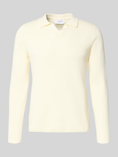Produktfoto, Relaxed Fit Strickpullover in Ripp-Optik von Lindbergh aus cremefarbenem Baumwoll-Mix mit Polokragen und V-Ausschnitt