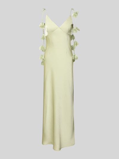 Produktfoto, satynowe, długie, jasnożółte Abendkleid mit floralen Details Modell 'Colly' von Neo Noir, krój slim fit, kwiatowe aplikacje na ramiączkach, głęboki dekolt V