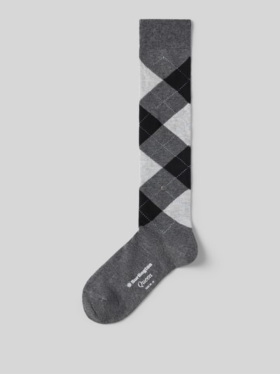 Produktfoto, Kniestrümpfe mit geripptem Abschluss von Burlington in Grau mit Rautenmuster, Baumwoll-Mix, körpernah, Label-Details.