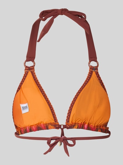 Produktfoto, Bikini-Oberteil mit Schnürverschluss Modell 'LIKO' von Banana Moon in Orange-Rot, DuPont™-Sorona®-Fasermix, Metall-Details, körpernaher Schnitt