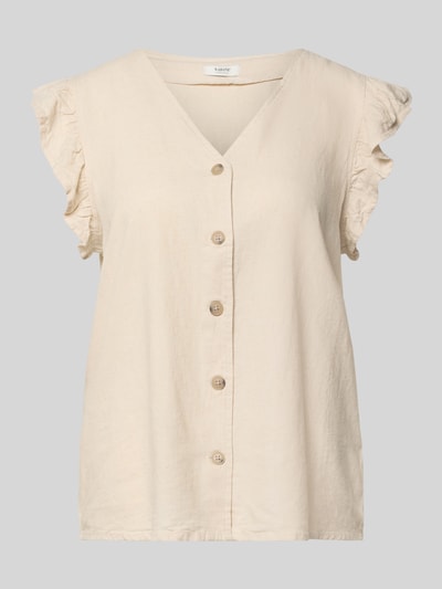 Produktfoto, Regular Fit Bluse aus Leinen-Viskose-Mix mit Rüschen von B.Young, Modell 'FALAKKA' in Beige mit V-Ausschnitt, Knopfleiste, leichte Struktur. Rückenlänge 34 cm, Ärmellänge 5 cm bei Größe 36.