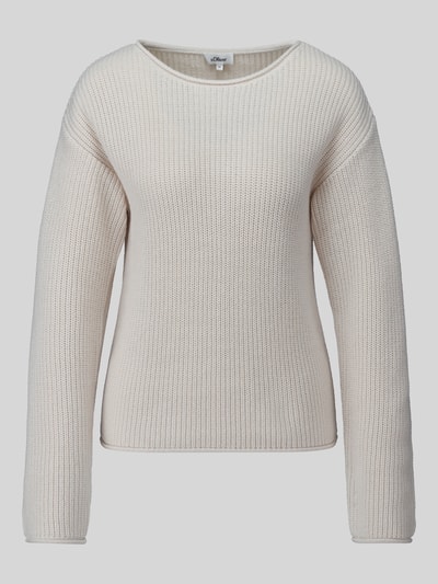 Produktfoto, Relaxed Fit Strickpullover aus Baumwoll-Mix von s.Oliver RED LABEL in Beige mit feiner Rippstruktur vor grauem Hintergrund.