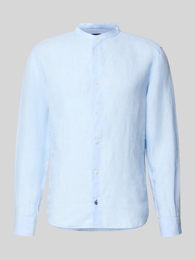 Produktfoto, Slim Fit Leinenhemd aus reinen Leinen mit Stehkragen von OLYMP Level Five, hellblau, Langärmelig, Sportmanschetten, unifarben, glatte Textur, durchgängige Knopfleiste, Herren, Rückenlänge 75 cm, Schulterbreite 48 cm, Ärmellänge 64 cm.