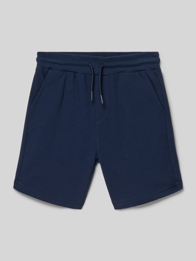 Produktfoto, Sweatshorts mit Seiten- und Gesäßtaschen von Mayoral in Dunkelblau, gerader Schnitt, elastischer Bund mit Tunnelzug, Baumwoll-Mix mit Stretch-Anteil, sichtbare Taschen auf Vorder- und Rückseite.