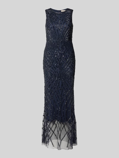 Produktfoto, Maxikleid mit Perlen und Rundhalsausschnitt von LACE & BEADS, dunkelblauer Mesh, figurbetonter Schnitt, feine Textur