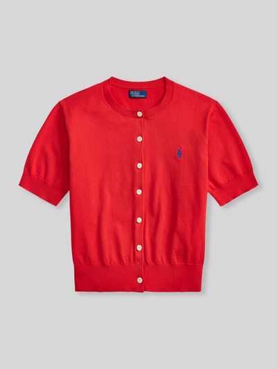 Produktfoto, Slim Fit Strickjacke aus Baumwoll-Mix von Polo Ralph Lauren in Uni-Rot, kurzer Arm, einreihige Knopfleiste, Strickstruktur