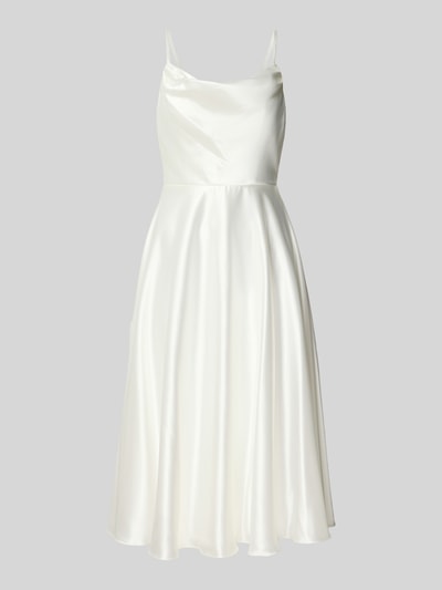 Produktfoto, Regular Fit Kleid aus Satin mit Spitzenbesatz von Luxuar in Weiß, glänzende Satin-Optik, taillierte Passform, semitransparenter Spitzenbesatz, Rückenausschnitt, Spaghettiträger, Nahtreißverschluss, Rückenlänge 115 cm, Brustweite 33 cm bei Größe 36.