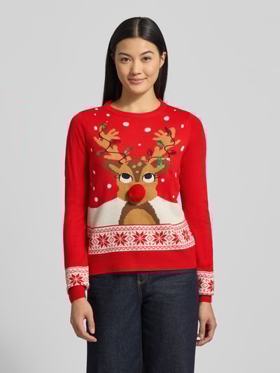 Vero Moda Sweter świąteczny o kroju regular fit z pomponem model ‘FROSTYDEER’ Czerwony 4