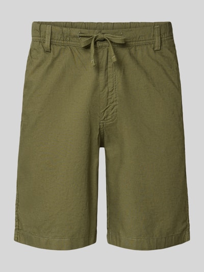 Produktfoto, Shorts mit Tunnelzug Modell 'JAIDEN' von Jack & Jones aus Baumwoll-Leinen-Mix in Olivgrün, Regular-Fit, glatte Textur, Bundweite bei Größe M 43 cm, Innenbeinlänge 23 cm.
