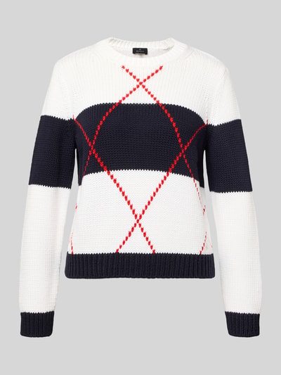 Produktfoto, Strickpullover mit Rautenmuster und Rundhalsausschnitt von monari aus Baumwoll-Mix, Regular Fit, weiß-blau mit roten Details