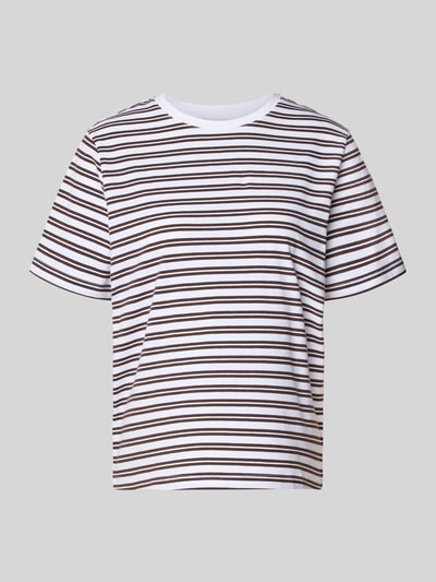 Produktfoto, T-Shirt mit Rundhalsausschnitt Modell 'NORA' von VILA aus Baumwoll-Elasthan-Mix in Weiß mit braunen Streifen, Regular-Fit, Rückenlänge 57 cm in Größe S.