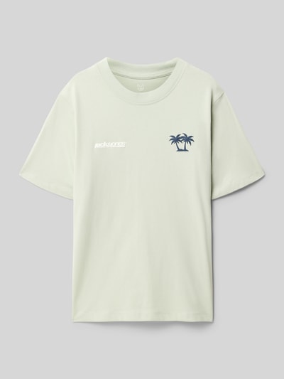 Productfoto, T-Shirt met achterzijde motief-print van Jack & Jones, katoen, regular fit, ronde hals, kleur lichtgroen, kindermaat 140, ruglengte 52 cm