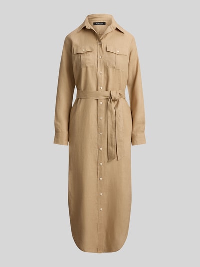 Produktfoto, Schmales Midi Hemdblusenkleid aus reinem Leinen von Lauren Ralph Lauren, jednokolorowy, krój slim fit, długość midi, dekolt w serek, wytłaczane logo, szlufki na pasek, odpinany pasek, listwa guzikowa, długi rękaw z mankietem, prosty dół, nakładana boczna kieszeń, wykończenie materiału: cieniowana przędza, materiał: len
