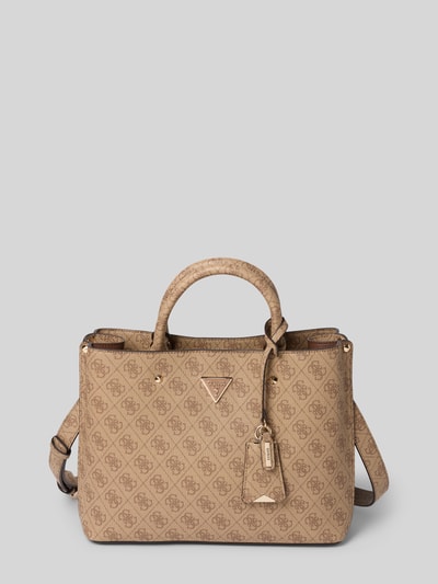 Produktfoto, Handtasche mit Label-Applikation Modell 'MERIDIAN II' von Guess, beżowa z logo, główna komora na zamek, rączki, pasek na ramię, Szerokość w rozmiarze 1: 31 cm, długość: 24 cm, głębokość: 11 cm, długość paska: 105 cm