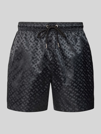 Produktfoto, Regular Fit Badeshorts mit Tunnelzug Modell 'JACQUES' von BOSS in schwarz, strukturierte Satin-Oberfläche, unifarbenes Logo-Muster