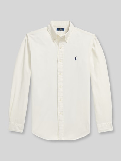 Produktfoto, cremefarbenes Custom Fit Freizeithemd aus reiner Baumwolle von Polo Ralph Lauren mit Knopfleiste auf grauem Hintergrund, Kontext: Herren Freizeithemd von Polo Ralph Lauren