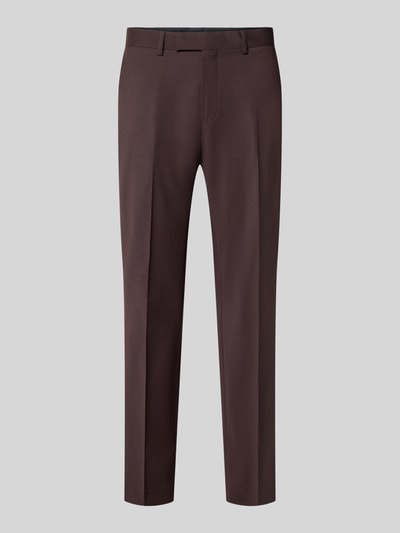 Produktfoto, gerade geschnittene, braune Straight Fit Hose mit Lanawoll-Anteil Modell 'Tenuta' von Tiger of Sweden, Materialmix mit Bügelfalten, Haken- und Reißverschluss, glatte Textur, Kontext: elastischer Material-Mix, Größe 50 Bundweite 44 cm, Innenbeinlänge 81 cm