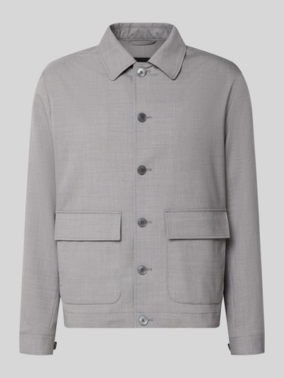 Produktfoto, Regular Fit Hemdjacke aus Woll-Mix mit Kentkragen von bugatti in Hellgrau, glatte Struktur, große Pattentaschen, Knopfleiste